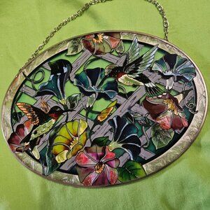 AMIA Stained Glass Sun Catcher Bird Floral Flowers Hummingbirds Hand Painted USA